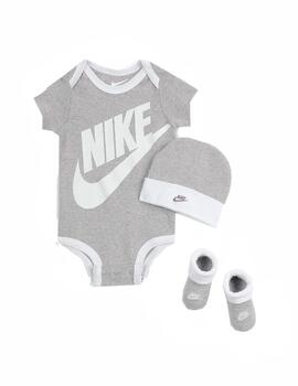 Conjunto Nike Bodysuit+Hat+Bootie Gris/Blanco