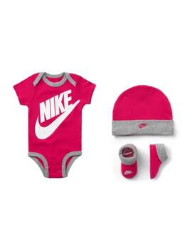 Conjunto Nike Bodysuit+Hat+Bootie Rosa/Gris