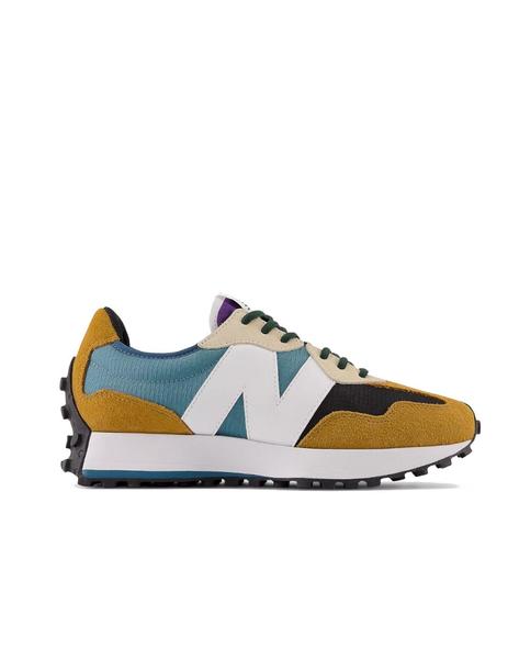 Vergonzoso Melancólico Gimnasia Zapatilla New Balance 327 Mostaza, Azul y Blanco para mu